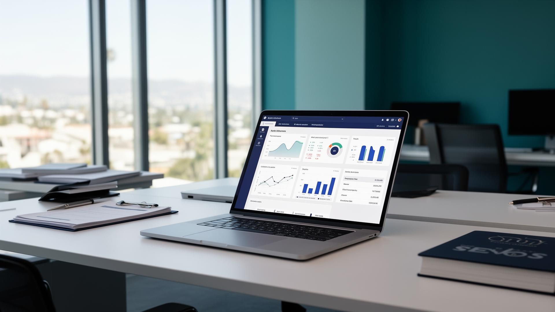 A modern cloud accounting dashboard in a Southern California office